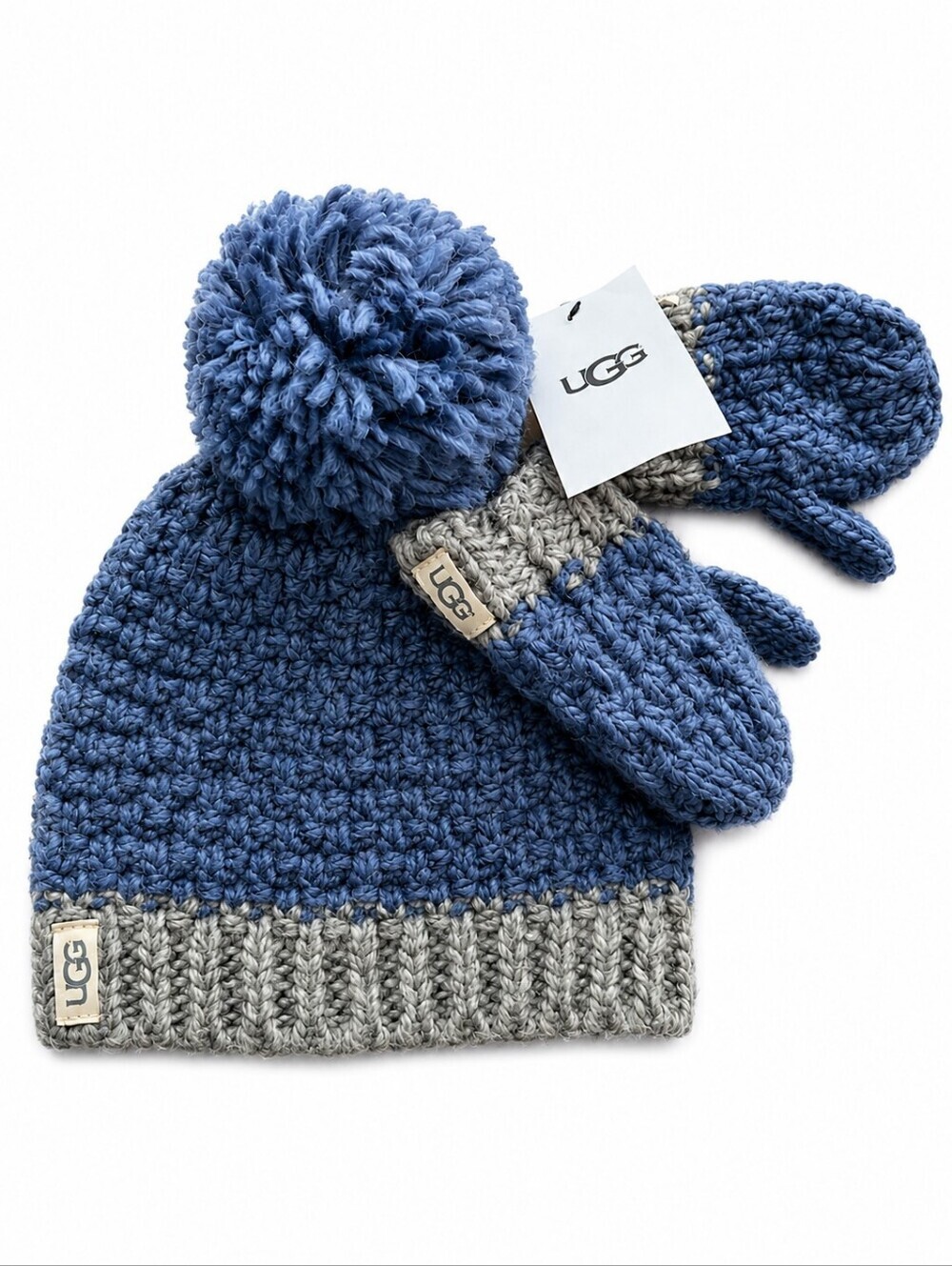 NWT UGG Infant Blue And Gray Knit Hat And Mitten Set
